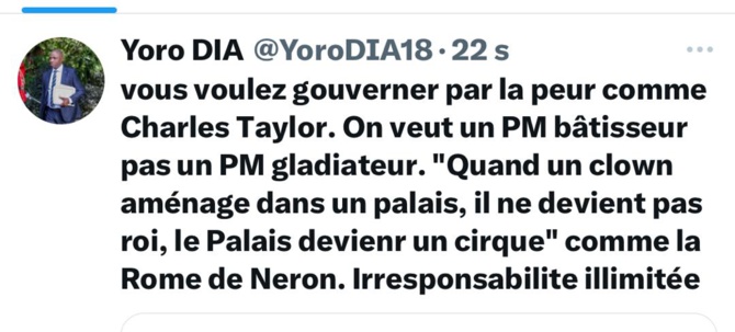 Dr Yoro Dia, ancien Ministre : « Après le gangstérisme politique dans l’opposition comme Hitler… le Premier Ousmane Sonko veut gouverner par la peur comme Charles Taylor » Dr Yoro Dia, ancien Ministre : « Après le gangstérisme politique dans l’opposition comme Hitler… le Premier Ousmane Sonko veut gouverner par la peur comme Charles Taylor »