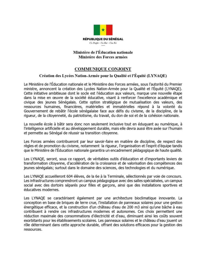 Le Ministère de l'Éducation nationale et le Ministère des Forces armées, annoncent la création des Lycées Nation-Armée pour la Qualité et l’Équité (LYNAQE) Le Ministère de l'Éducation nationale et le Ministère des Forces armées, annoncent la création des Lycées Nation-Armée pour la Qualité et l’Équité (LYNAQE)