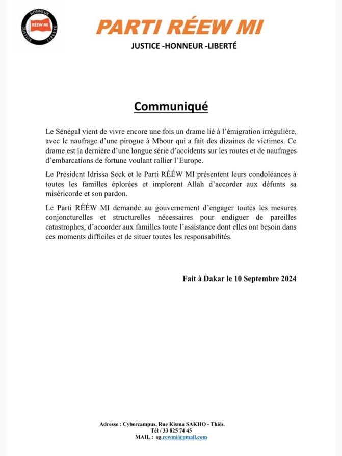 Naufrage et accidents : Le président Idrissa Seck et le parti REEW MI présentent leurs condoléances aux familles éplorées Naufrage et accidents : Le président Idrissa Seck et le parti REEW MI présentent leurs condoléances aux familles éplorées