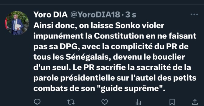 Dr Yoro Dia, ancien Ministre-porte-parole : « Le Président sacrifie la sacralité de la parole présidentielle… » Dr Yoro Dia, ancien Ministre-porte-parole : « Le Président sacrifie la sacralité de la parole présidentielle… »