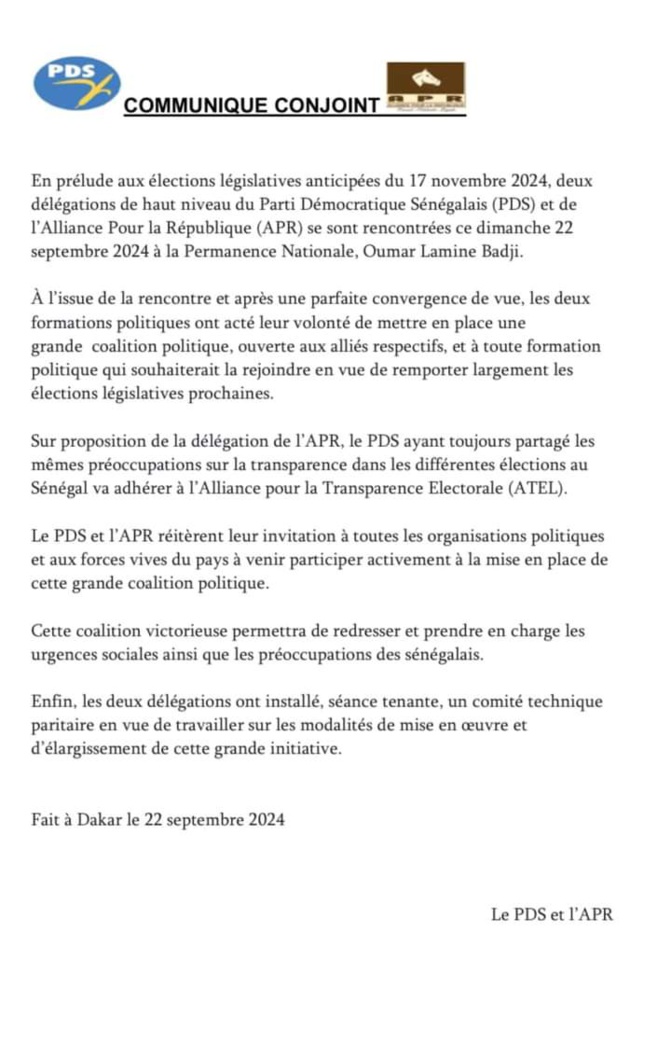 PDS-APR : Les deux formations politiques ont acté une volonté de mettre en place une grande coalition PDS-APR : Les deux formations politiques ont acté une volonté de mettre en place une grande coalition