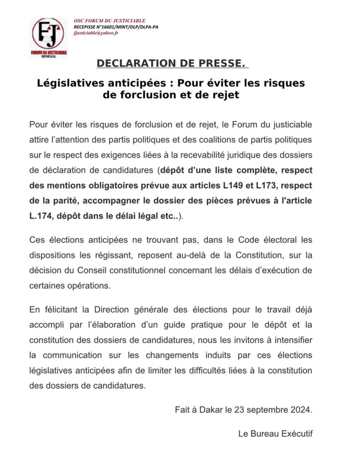 Législatives anticipées : Pour éviter les risques de forclusion et de rejet