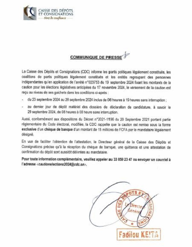 Élections législatives du 17 novembre 2024 : La Caisse des Dépôts précise ses conditions pour les candidats Élections législatives du 17 novembre 2024 : La Caisse des Dépôts précise ses conditions pour les candidats