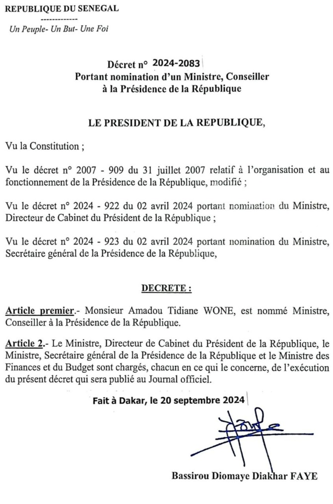 Présidence de la République: Amadou Tidiane Wone nommé ministre-Conseiller