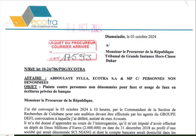 Accusé d’avoir déposé plus de 2 millions d’Euros au profit d’une société privée : Abdoulaye Sylla Ecotra porte plainte contre X, pour faux et usage de faux en écritures privées de banque Accusé d’avoir déposé plus de 2 millions d’Euros au profit d’une société privée : Abdoulaye Sylla Ecotra porte plainte contre X, pour faux et usage de faux en écritures privées de banque