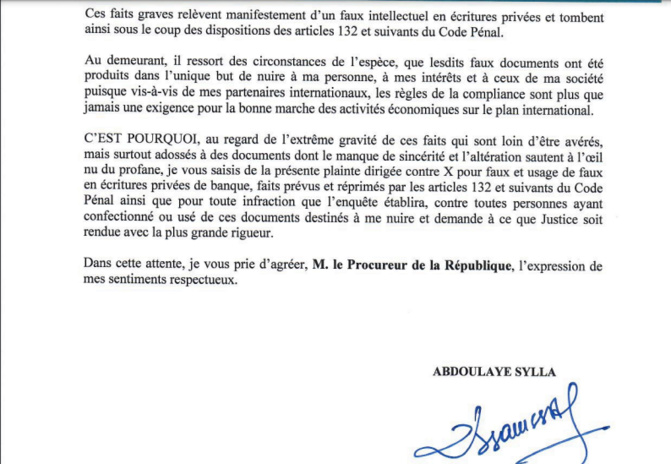 Accusé d’avoir déposé plus de 2 millions d’Euros au profit d’une société privée : Abdoulaye Sylla Ecotra porte plainte contre X, pour faux et usage de faux en écritures privées de banque Accusé d’avoir déposé plus de 2 millions d’Euros au profit d’une société privée : Abdoulaye Sylla Ecotra porte plainte contre X, pour faux et usage de faux en écritures privées de banque