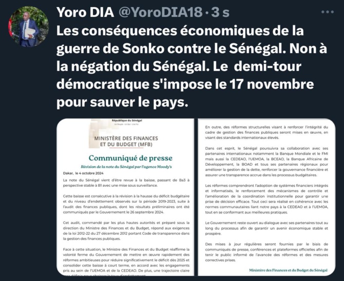 Baisse de la note du Sénégal : Dr Yoro Dia, ancien Ministre indexe les conséquences économiques de la guerre de Sonko contre le Sénégal Baisse de la note du Sénégal : Dr Yoro Dia, ancien Ministre indexe les conséquences économiques de la guerre de Sonko contre le Sénégal