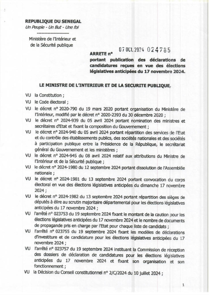Législatives 2024 : L’arrêté ministériel qui dresse la liste validée ou invalidée des participants