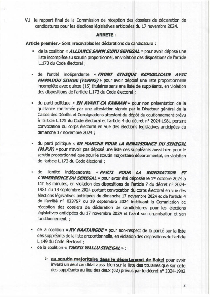 Législatives 2024 : L’arrêté ministériel qui dresse la liste validée ou invalidée des participants