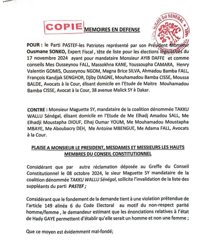 Dépôt des mémoires en défense d’Ousmane Sonko
