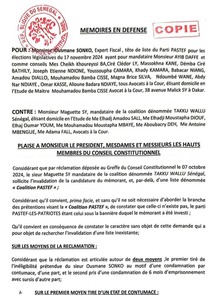 Dépôt des mémoires en défense d’Ousmane Sonko