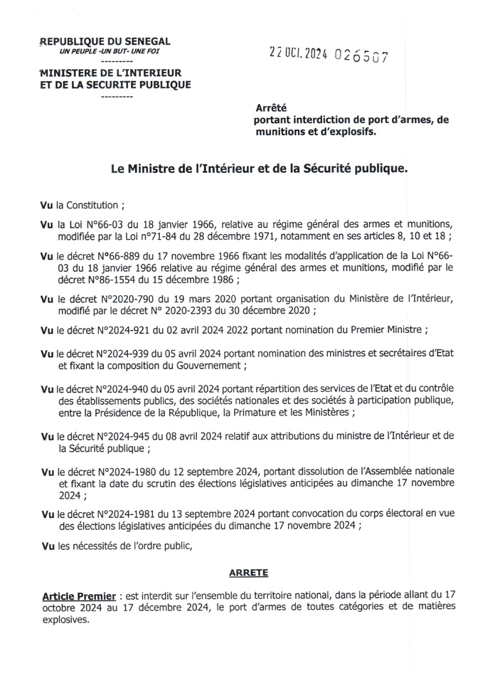 Arrêté ministériel: Suspension du port d'armes et de munitions pour assurer l'ordre public, du 17 octobre au 17 décembre 2024 Arrêté ministériel: Suspension du port d'armes et de munitions pour assurer l'ordre public, du 17 octobre au 17 décembre 2024