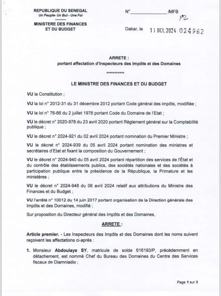 Décret portant affectation des Inspecteurs des Impôts et des Domaines Décret portant affectation des Inspecteurs des Impôts et des Domaines