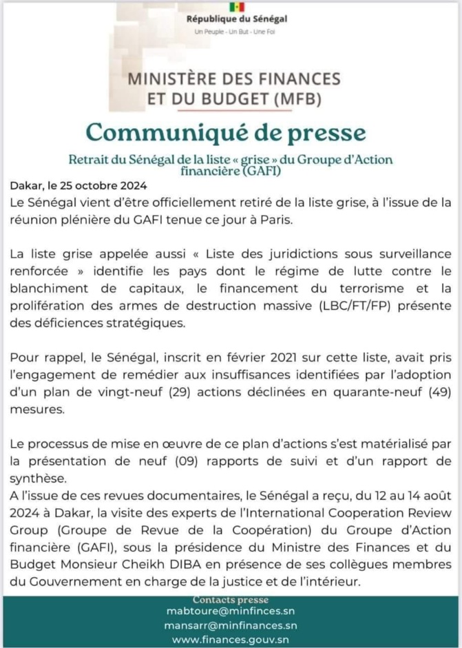 Le Sénégal officiellement retiré de la liste grise du GAFI Le Sénégal officiellement retiré de la liste grise du GAFI