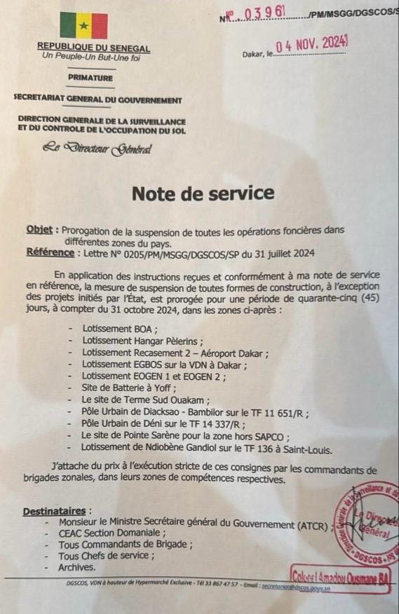 Suspension prolongée : La DGSCOS interdit les opérations foncières, pour 45 jours supplémentaires