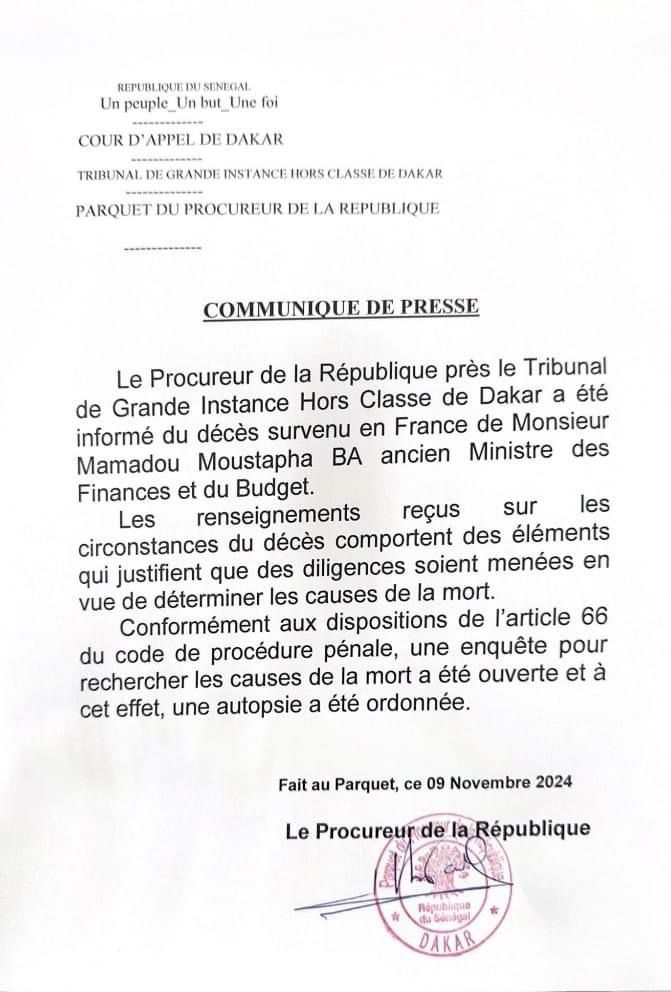 Informé du décès de l’ancien Ministre, Amadou Moustapha Ba : Le procureur ordonne une autopsie