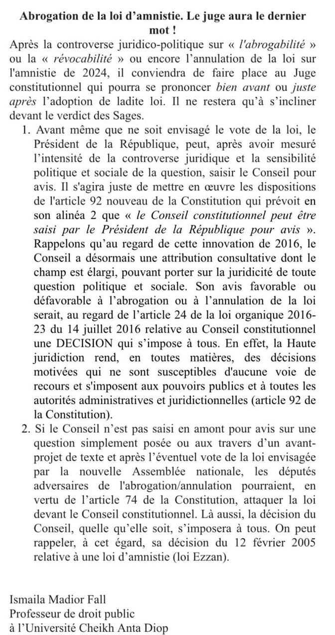 « Abrogation de la loi d’amnistie : Le juge aura le dernier mot ! », Par Ismaila Madior Fall, Professeur de droit public