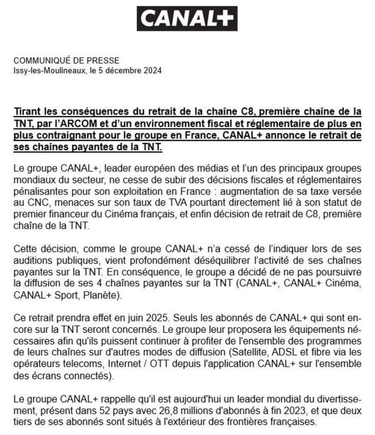 Canal+ annonce le retrait de ses chaînes payantes de la TNT