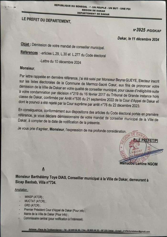 Barthélémy Dias notifié de sa démission : Une perte imminente de son poste de maire de Dakar