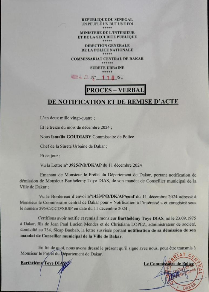 Barthélémy Dias notifié de sa démission : Une perte imminente de son poste de maire de Dakar