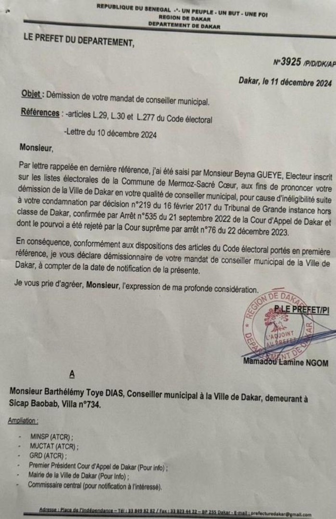 Notification de révocation du mandat de maire de Dakar de Barth : Le préfet déclare démissionnaire, le maire de Dakar