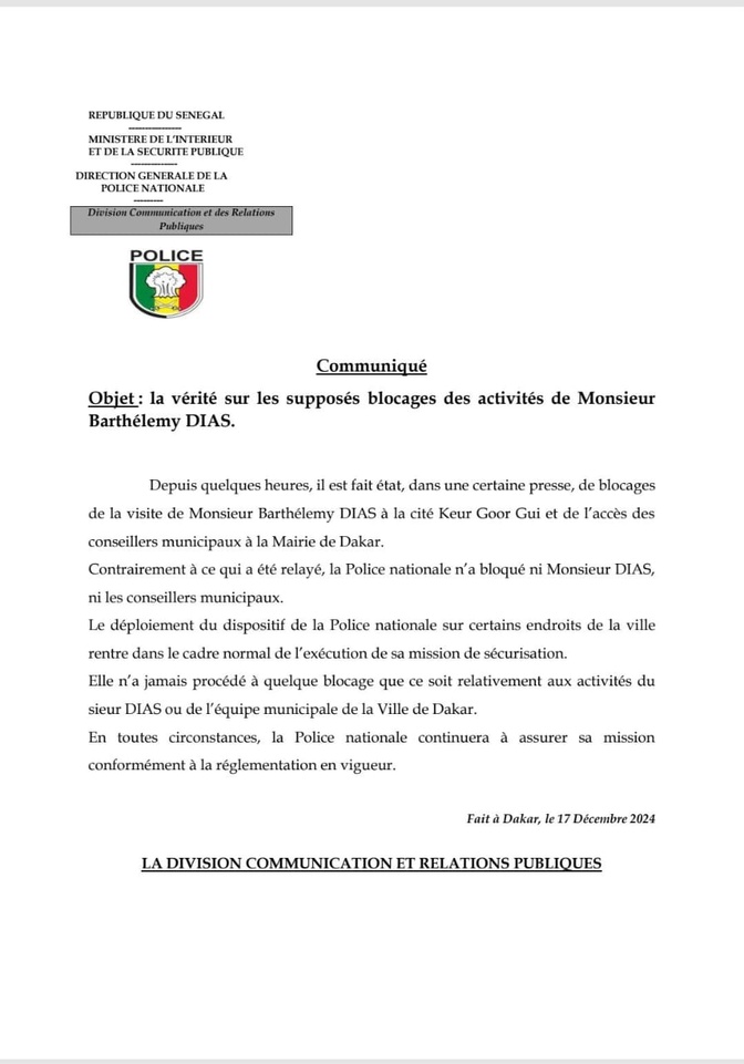 Police : La vérité sur les supposés blocages des activités de Barthélémy Dias