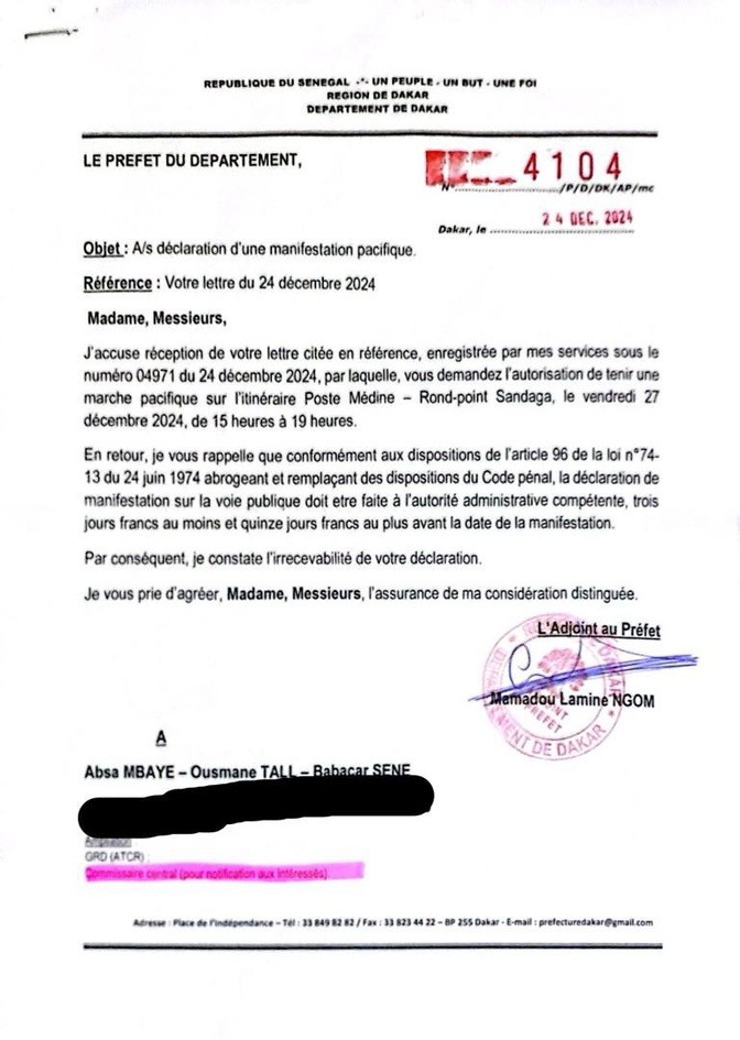 En Soutien à Barth : Le préfet interdit la marche pacifique de la jeunesse de Dakar, ce vendredi En Soutien à Barth : Le préfet interdit la marche pacifique de la jeunesse de Dakar, ce vendredi