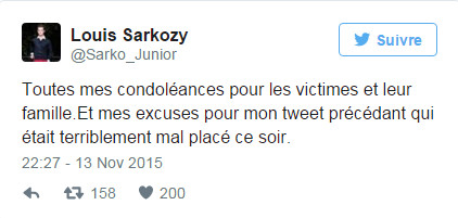 Atten­tats de Paris : le tweet indé­cent de Louis Sarkozy