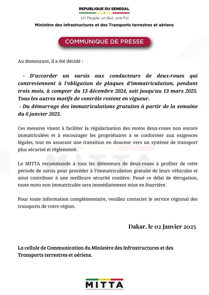 Motos non immatriculées : Un sursis de trois mois accordé pour la régularisation gratuite (Document) Motos non immatriculées : Un sursis de trois mois accordé pour la régularisation gratuite (Document)
