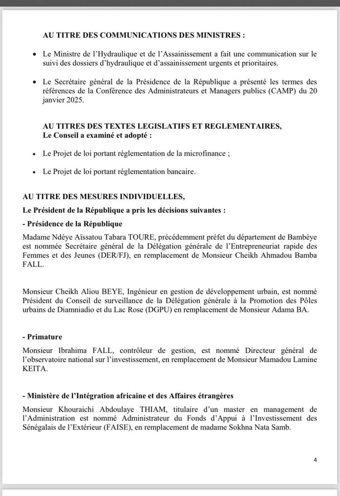 Conseil des Ministres de ce mercredi 08 Janvier 2024