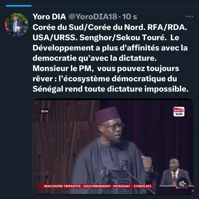 Yoro Dia, ancien Ministre : « Le développement a plus d’affinités avec la démocratie qu’avec la dictature » Yoro Dia, ancien Ministre : « Le développement a plus d’affinités avec la démocratie qu’avec la dictature »
