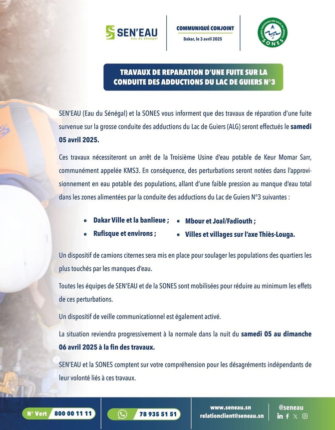 SEN'EAU et SONES annoncent des perturbations dans l'approvisionnement en eau, le 5 avril 2025 (Document)