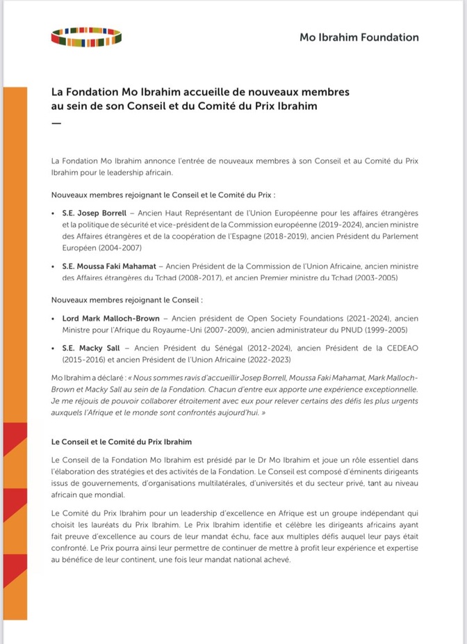 Un an après son départ de la présidence : Macky Sall rejoint le Conseil de la Fondation Mo Ibrahim