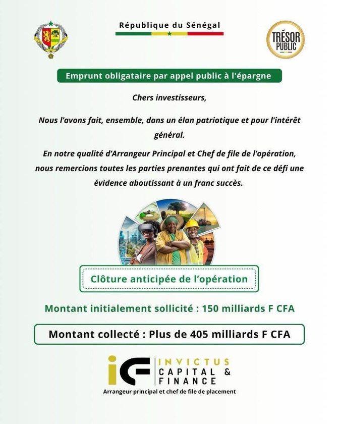 L’emprunt obligataire lancé par l’État du Sénégal, a été un véritable succès