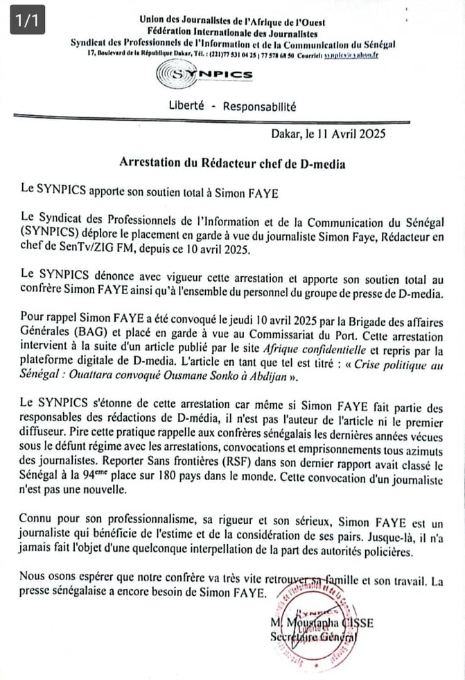 Arrestation du Rédacteur en Chef de D-Media : Le Synpics apporte son soutien total à Simon Faye