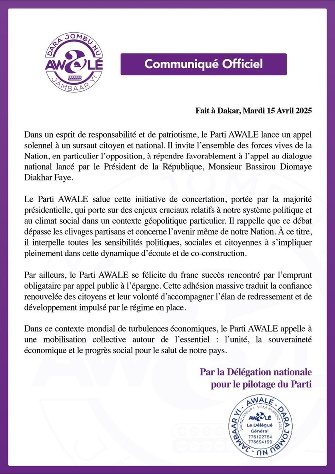 Dialogue national: Le Parti AWALE salue l'initiative et lance un appel