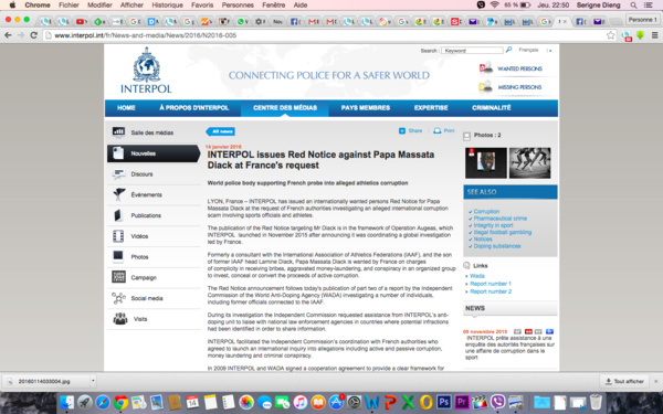 Corruption  à l'IAAF: Un avis de recherche international lancé par Interpol contre Papa Massata Diack
