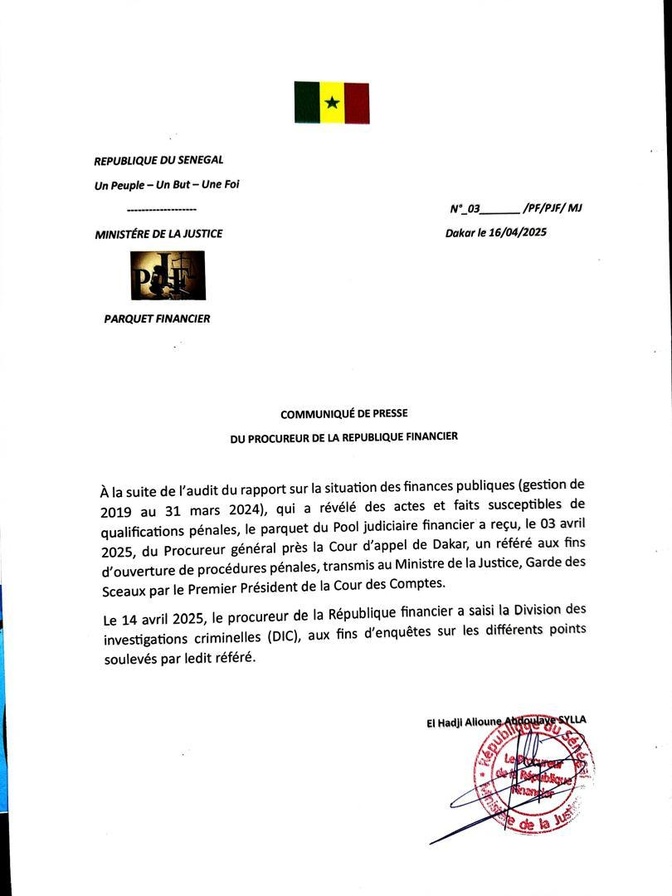 Rapport de la Cour des comptes:  Communiqué du procureur de la République Financier