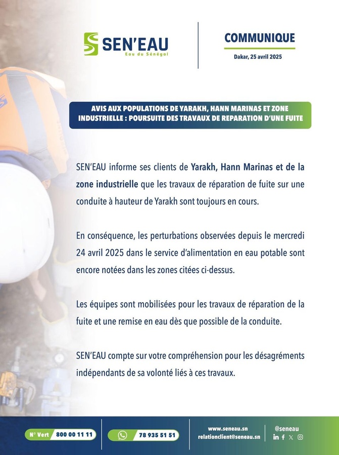SEN’EAU poursuit les réparations à Yarakh : L’alimentation en eau reste perturbée dans plusieurs zones