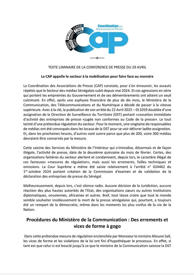 Fermeture des médias non conformes au Code de la Presse : La CAP appelle le secteur, à la mobilisation Fermeture des médias non conformes au Code de la Presse : La CAP appelle le secteur, à la mobilisation