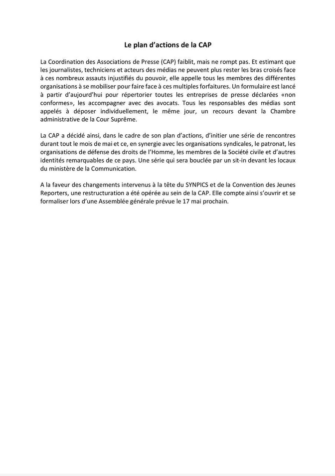 Fermeture des médias non conformes au Code de la Presse : La CAP appelle le secteur, à la mobilisation Fermeture des médias non conformes au Code de la Presse : La CAP appelle le secteur, à la mobilisation