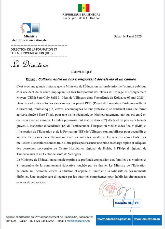 Collision mortelle entre un bus scalaire et un camion: le ministère de l'Education nationale réagit