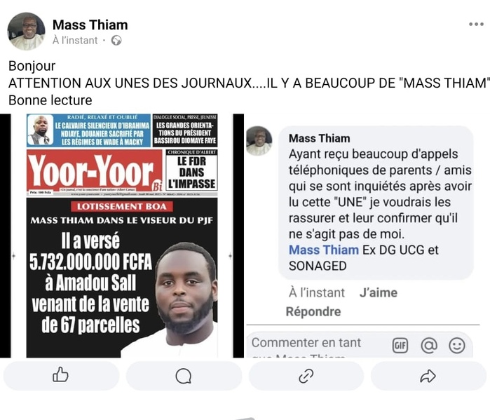 Affaire BOA I Clarification : Mass Thiam (UCG) n’est pas impliqué, il s’agit de Massamba Thiam
