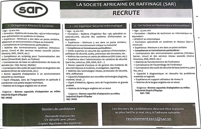 La SAR lance une campagne de recrutement pour trois profils techniques