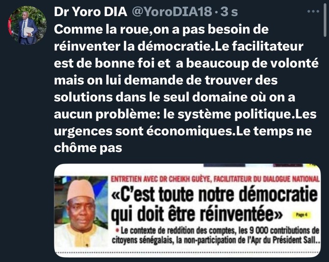 Dr. Yoro Dia, ancien Ministre : “Comme la roue, on a besoin de réinventer la démocratie” Dr. Yoro Dia, ancien Ministre : “Comme la roue, on a besoin de réinventer la démocratie”