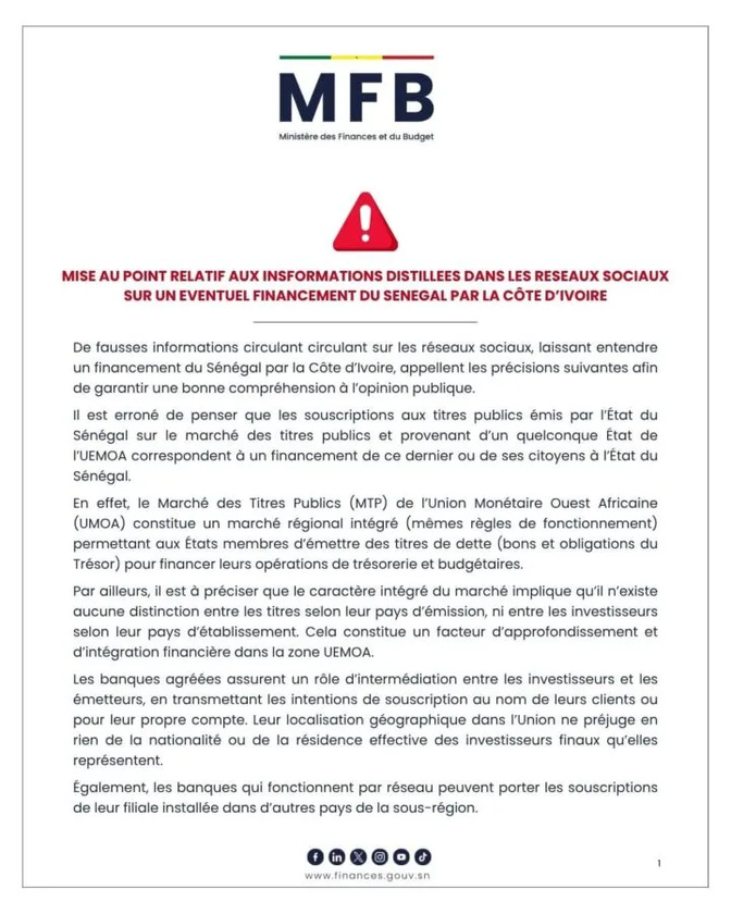 Supposé financement par la Côte d’Ivoire : Le ministère des Finances du Sénégal dément catégoriquement