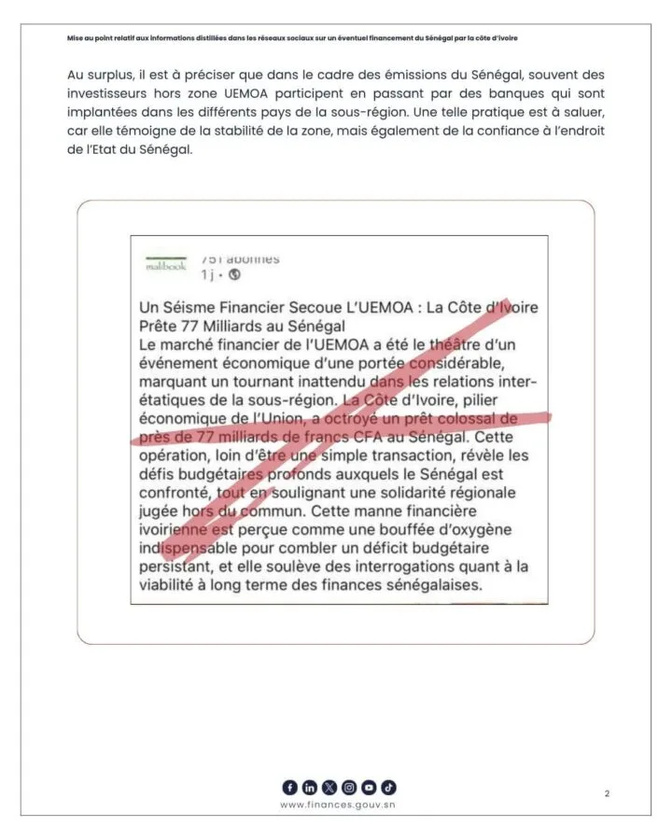 Supposé financement par la Côte d’Ivoire : Le ministère des Finances du Sénégal dément catégoriquement