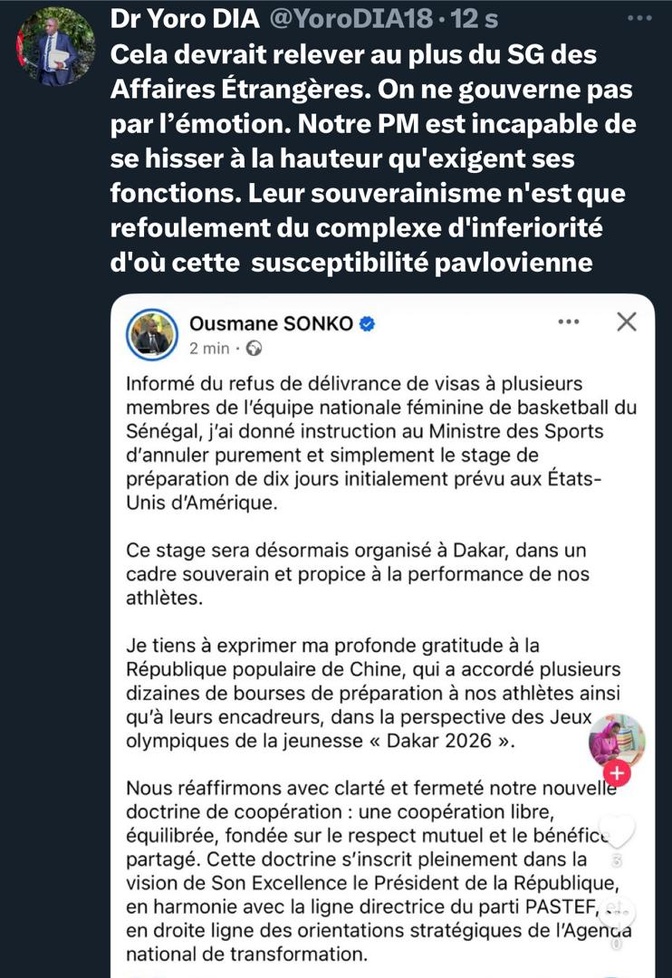 Après la riposte du Premier ministre à l’Etat américain: Dr. Yoro Dia, ancien ministre, rappelle qu’on ne gouverne pas par l’émotion