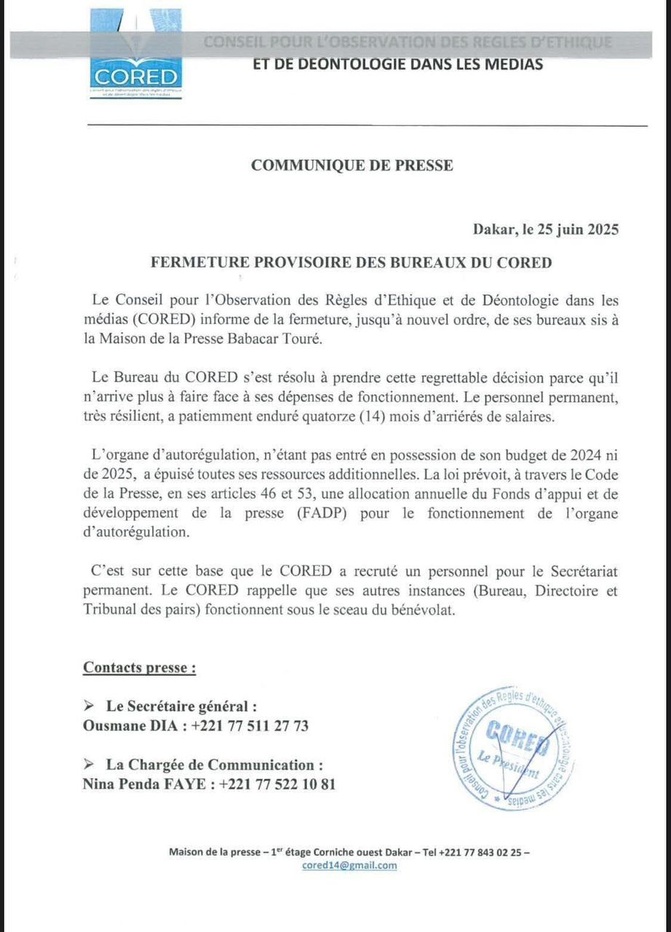 Faute de moyens financiers: Le CORED ferme provisoirement ses bureaux à la Maison de la Presse Babacar Touré