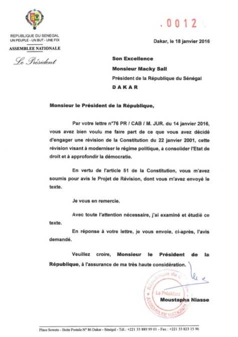 L'Avis de l'Assemblée Nationale adressé au président Macky Sall le 20 janvier 2016 (Documents)